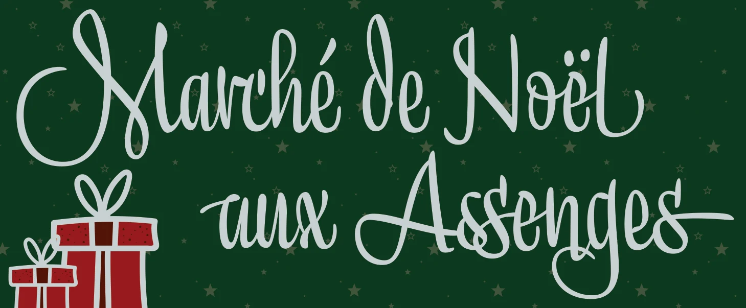 Marché de Noël aux Assenges, avec deux paquets cadeaux rouges